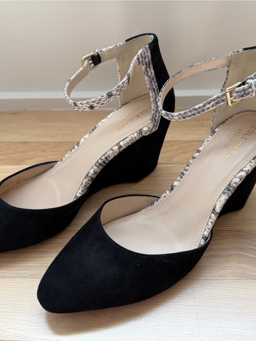 Cole Haan Black Suede Wedge Pumps with Snake-Print Ankle Strap